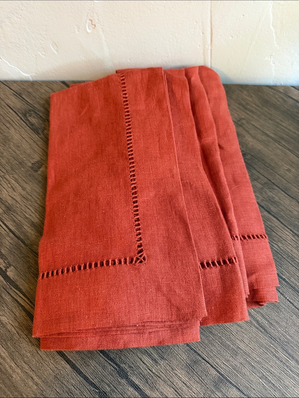Pottery Barn Rust Red Linen Napkins with Hemstitch set of 4
